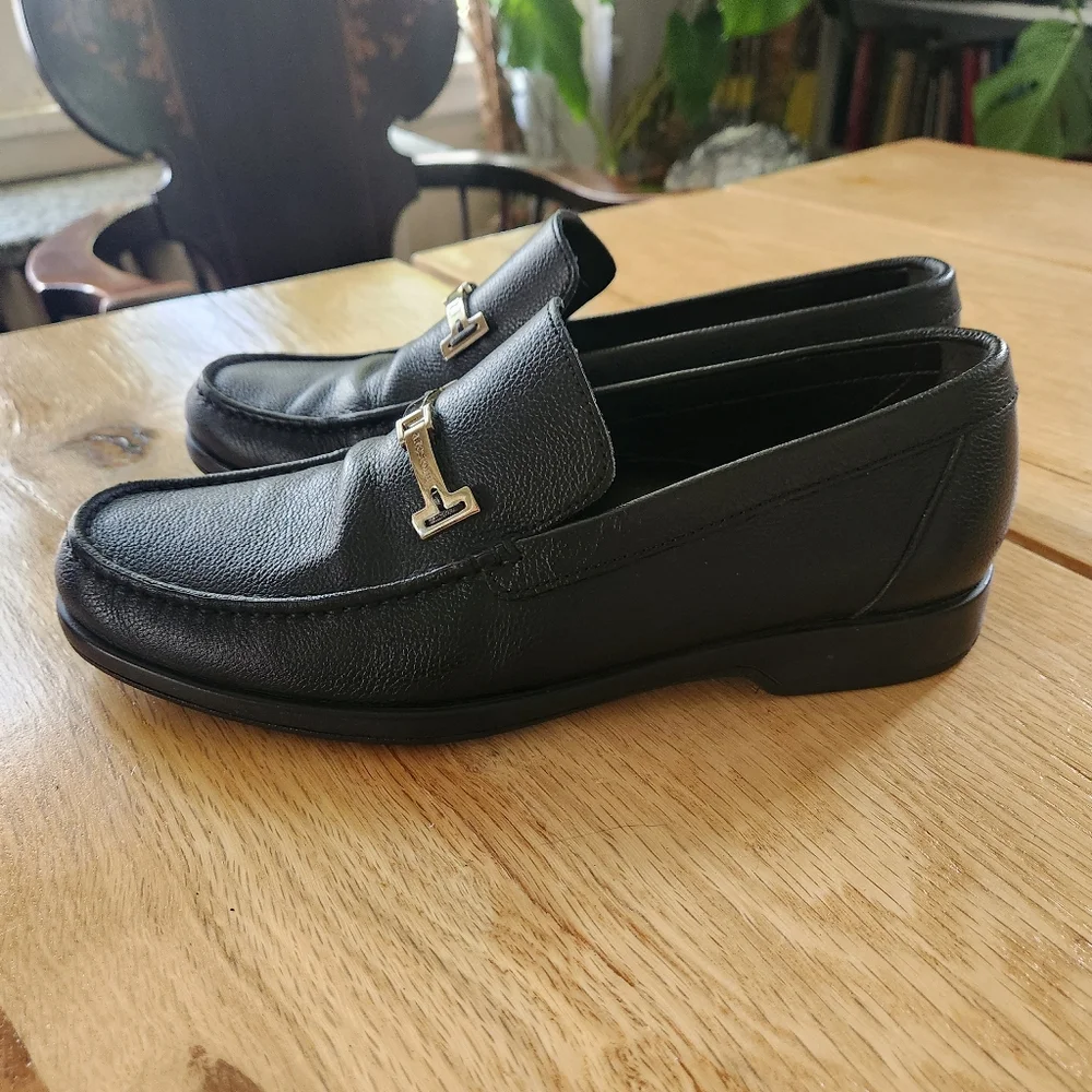 A Testoni Mens Black Loafers Box Pebble Leather Silver Horse‎ Bit Shoes Sz 8